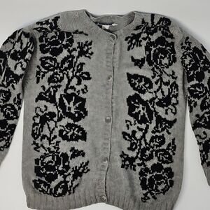 VTG Smythe & Co Floral‎ Cottagecore Gray & Black Wool Button Up Cardigan Sz:L